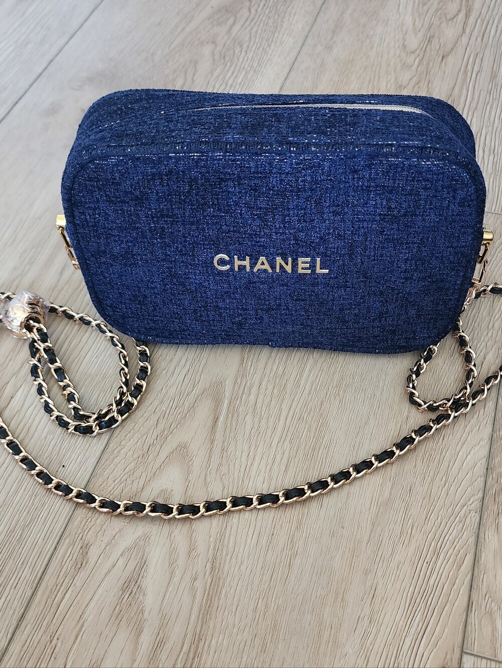 Chanel Navy Blue Tweed Pouch With Gold Chain Crossbody Bag New No Box